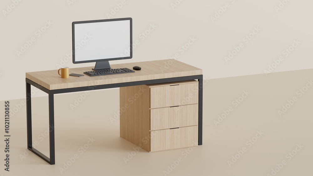 3d minimalist office desk setup with blank screen of computer monitor, coffee cup and office cupboard on isolated background with space for copy 3d minimalist office desk setup with blank screen of computer monitor, coffee cup and office cupboard on isolated background with space for copy