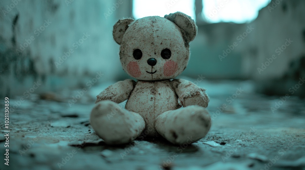 Old Teddy Bear in Abandoned Building, AI Old Teddy Bear in Abandoned Building, AI