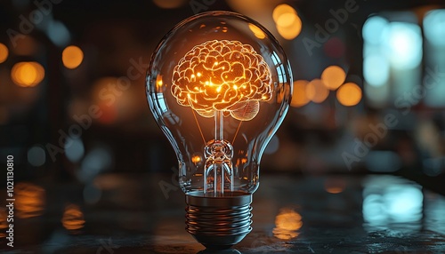 A surreal digital art of a brain within a glowing lightbulb, ideal for Mental Health Day promotions, inspiring creativity and contemplation.