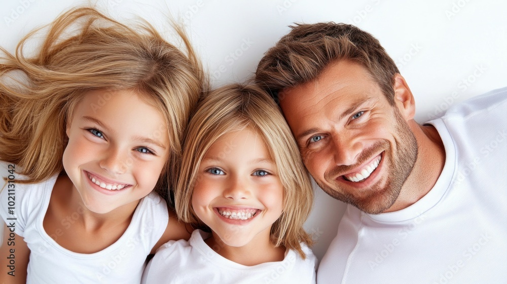 Smiling Father and Two Cute Daughters Lying on White Background, Happy Family Portrait Smiling Father and Two Cute Daughters Lying on White Background, Happy Family Portrait