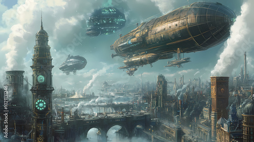 A steampunk cityscape where airships and clockwork contraptions navigate between towering smokestacks and ornate clock towers. illustration. Starship Dock. Illustration photo