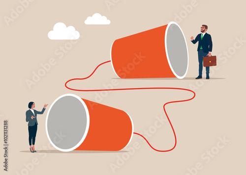 Telling secrets through cups talk. Businessman and lady communicating with paper cup telephone. Modern vector illustration in flat style.