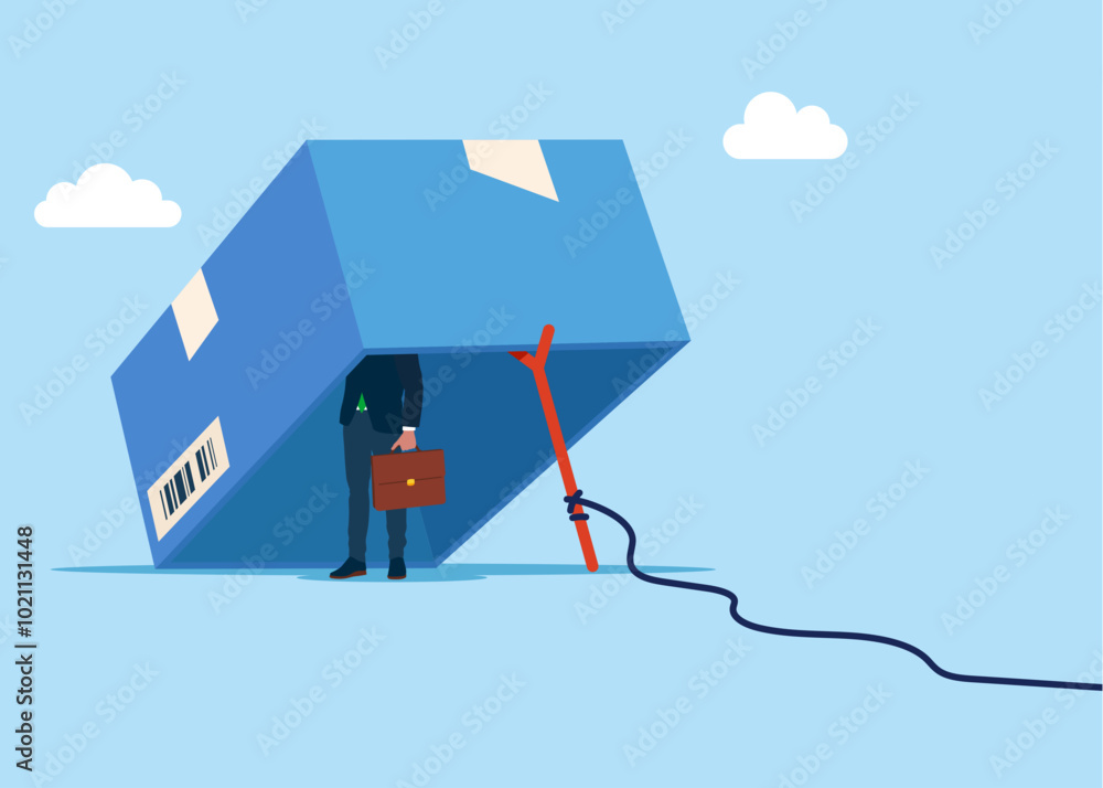 Trap with businessman. Trap made out of a box and a rope tide to a stick. Flat vector illustration Trap with businessman. Trap made out of a box and a rope tide to a stick. Flat vector illustration