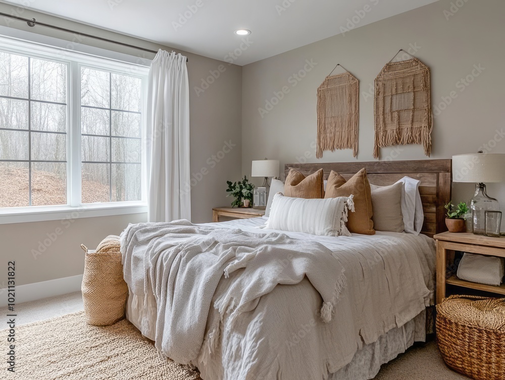 Cozy guest bedroom basement with soft neutral tones, plush bedding, and a large window to bring in natural light Cozy guest bedroom basement with soft neutral tones, plush bedding, and a large window to bring in natural light