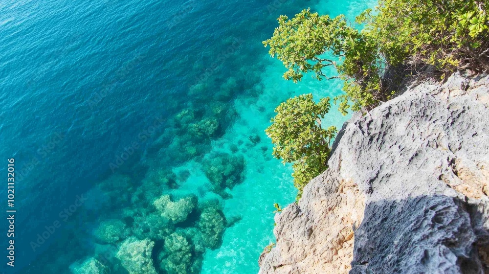 Fototapeta premium Serene Andaman Sea Paradise: Stunning Aerial View of Turquoise Waters and White Sands from Cliffside in Unseen Thailand - Ultra Detailed Photography