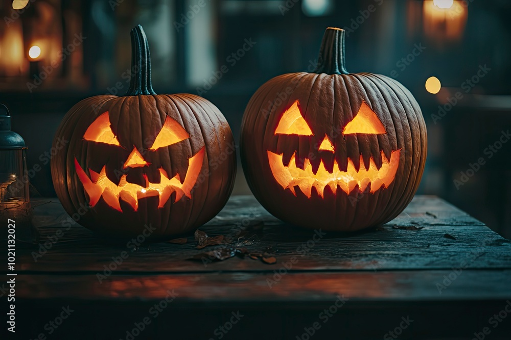 Illuminated Halloween Carved Pumpkins on wooden table. Holiday background. with generative ai Illuminated Halloween Carved Pumpkins on wooden table. Holiday background. with generative ai