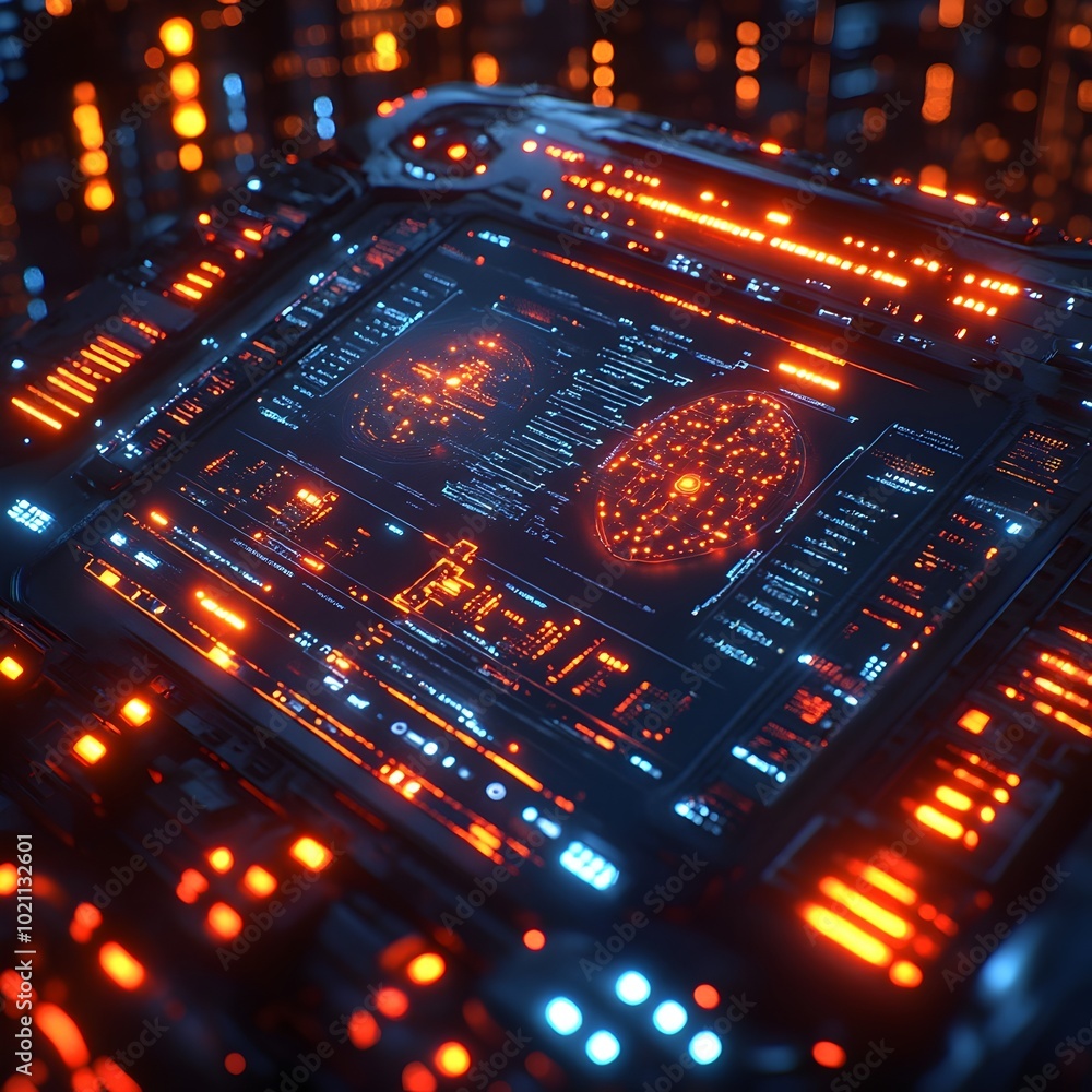 Obraz premium Sleek metallic surface with holographic biotechnology visualizations futuristic neon lit interface intricate circuitry patterns glowing data streams and a vibrant digital color palette