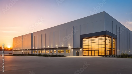 Large Industrial Warehouse Exterior with Modern Architecture at Dusk for Business and Logistics Concept