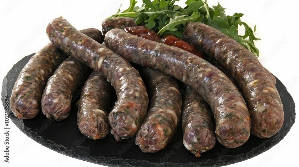 Fototapeta premium Sausages with ketchup and lettuce on a black slate plate