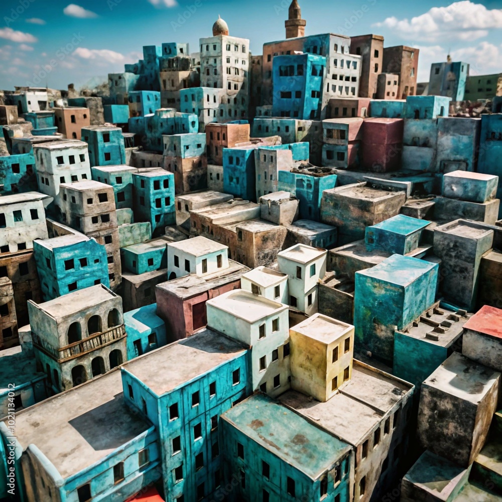 An aerial view of a colorful model city with many buildings. The city is a mix of old and new architecture, creating a unique and visually interesting scene. An aerial view of a colorful model city with many buildings. The city is a mix of old and new architecture, creating a unique and visually interesting scene.