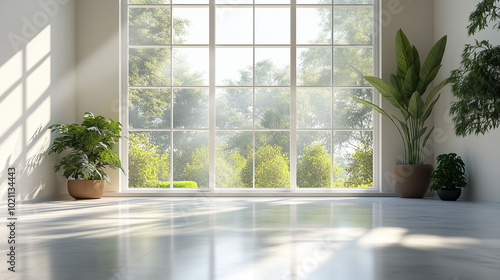 Minimalist room with large windows and indoor plants basking in natural light