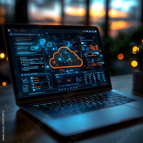 Detailed snapshot of a cloud computing dashboard on a laptop illustrating the efficient process of migrating files to extensively provisioned remote servers featuring a modern digital interface