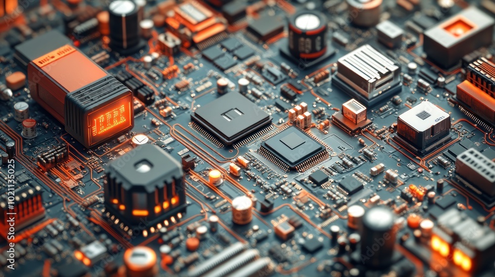 Close-up of a complex circuit board with intricate components. Close-up of a complex circuit board with intricate components.