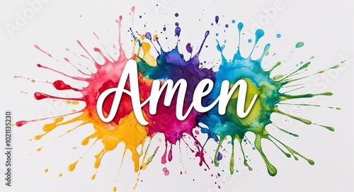 amen word lettering on colorful paint watercolor splash on plain white background