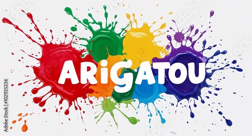 arigatou word lettering on colorful paint watercolor splash on plain white background photo