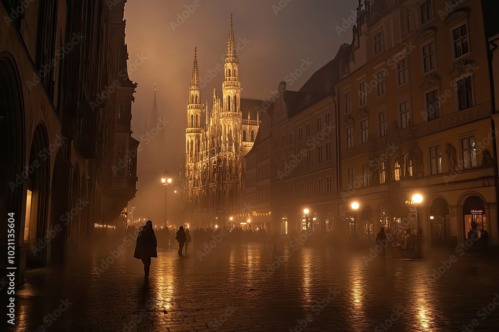 Fototapeta premium Marienplatz at night, Munich, Germany. Creepy mystery view of dark Gothic City Hall with bats. Spooky old castle or palace on full moon. with generative ai