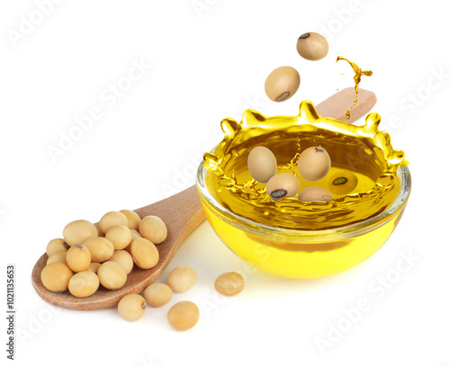 Soy beans and vegetable oil on white background photo