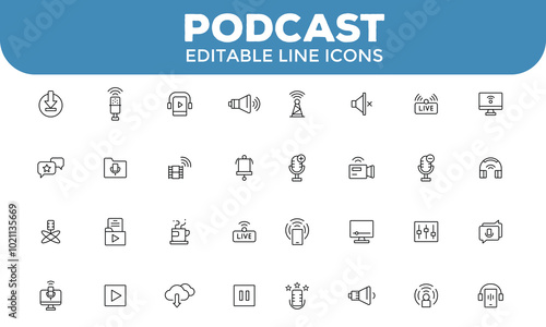 32 Podcast Line Icons Set | Editable Audio Broadcasting Symbols | Vector Icons for Media, Music, and Streaming