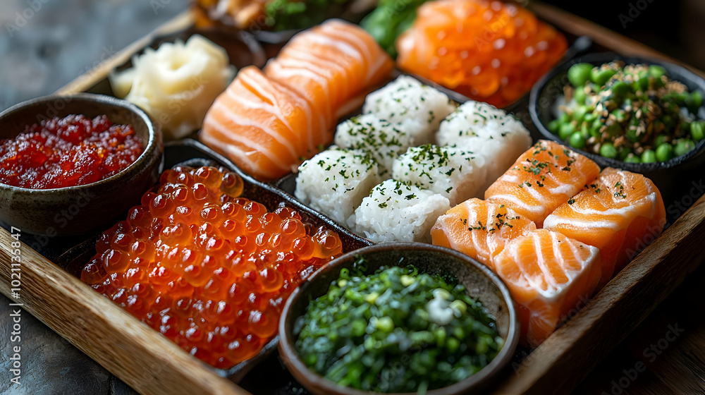 Close Up of Salmon Sushi with Rice Balls, Ikura, and Green Onions in Wooden Tray - Food Photography Close Up of Salmon Sushi with Rice Balls, Ikura, and Green Onions in Wooden Tray - Food Photography