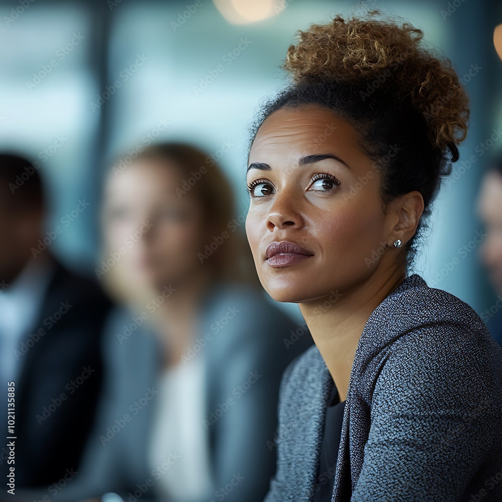 A focused woman in a business meeting, engaged in discussion with colleagues.