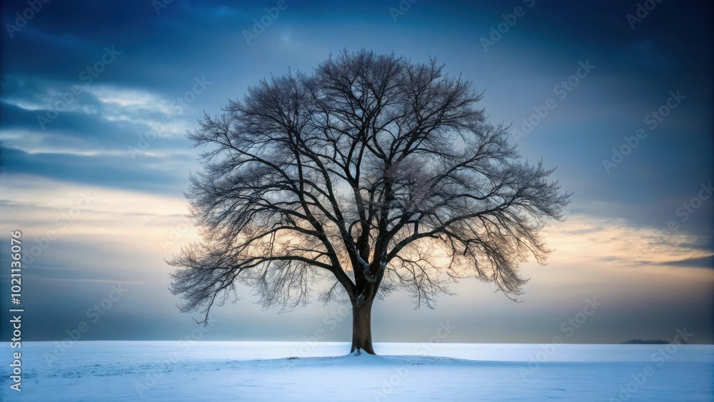 A solitary tree stands tall against a snowy landscape, its bare branches reaching towards the sky, as soft light from a fading sunset paints the horizon with delicate hues of pink and blue. A solitary tree stands tall against a snowy landscape, its bare branches reaching towards the sky, as soft light from a fading sunset paints the horizon with delicate hues of pink and blue.