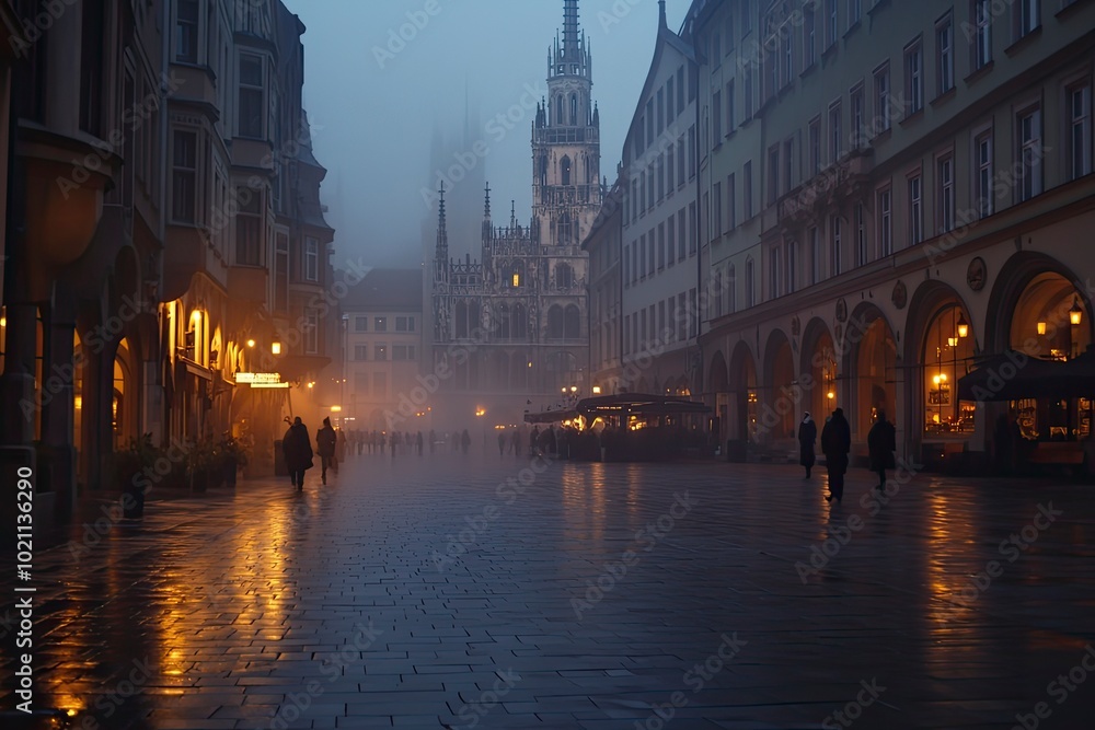 Fototapeta premium Marienplatz at night, Munich, Germany. Creepy mystery view of dark Gothic City Hall with bats. Spooky old castle or palace on full moon. with generative ai