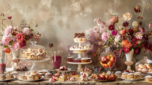 An artistic arrangement of desserts and sweets on a table for a celebration