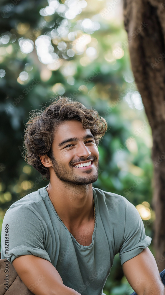 Smiling Young Man in the Park Feeling Relaxed and Joyful in the Outdoors Smiling Young Man in the Park Feeling Relaxed and Joyful in the Outdoors