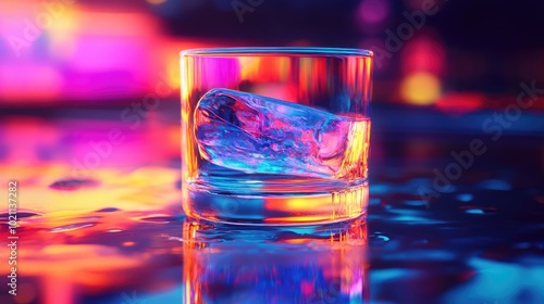 A close-up of a glass tumbler filled with liquid, illuminated by neon lights, casting vibrant colors and reflections on the table