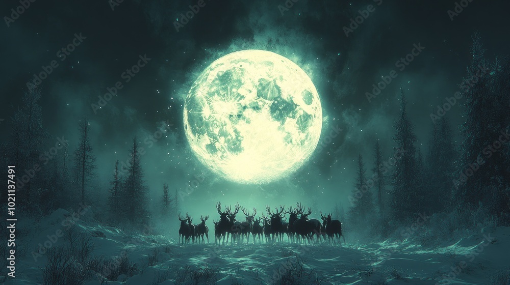 A group of deer stand in a snowy forest under a large, glowing full moon. A group of deer stand in a snowy forest under a large, glowing full moon.