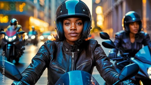 A young black woman poses confidently on her motorbike against an urban sunset backdrop, wearing protective gear and a focused look, evoking themes of freedom and adventure. photo