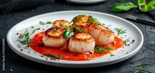 Gourmet dish of seared scallops with vibrant sauce, artfully plated Dishes, Cuisine, European, Serving