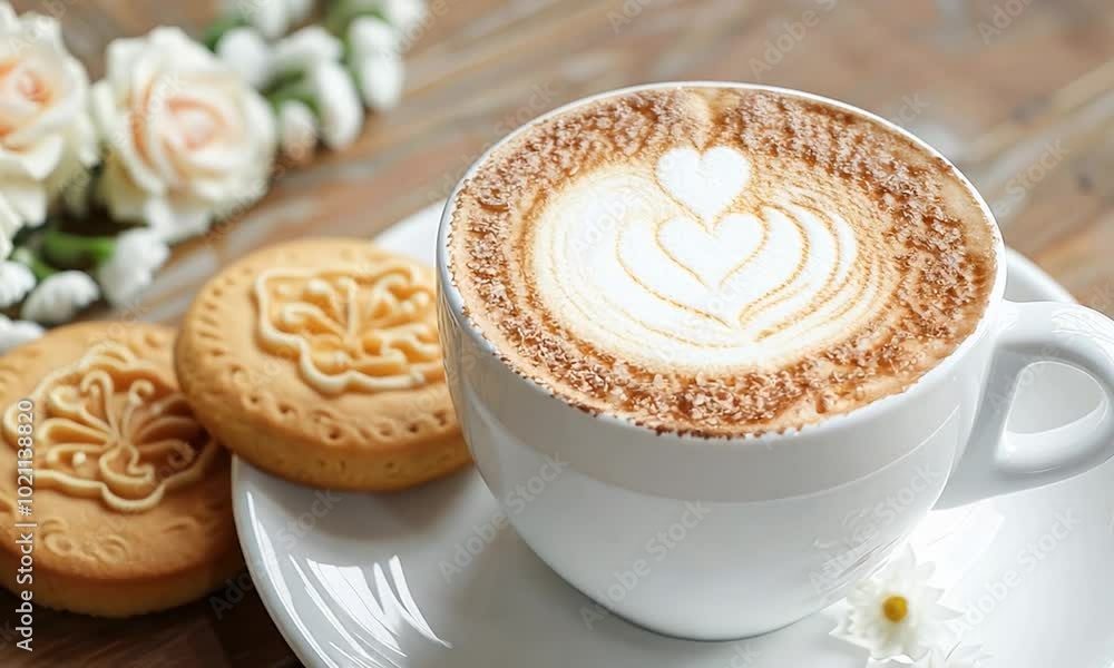 A cappuccino with a beautiful rosette latte art, served with a biscotti A cappuccino with a beautiful rosette latte art, served with a biscotti