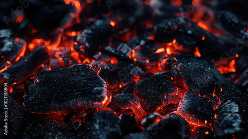 Close-up of glowing red coals displaying intense warmth and energy, perfect for capturing the essence of heat, passion, and fiery ambiance.