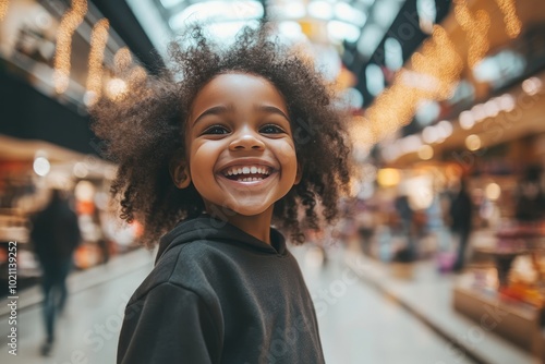 A young black girl happily shopping at a mall during the Black Friday carnival. The girl was dressed in a  sweatshirt and jeans, as if he had just found a lot of good things from the discount section. photo