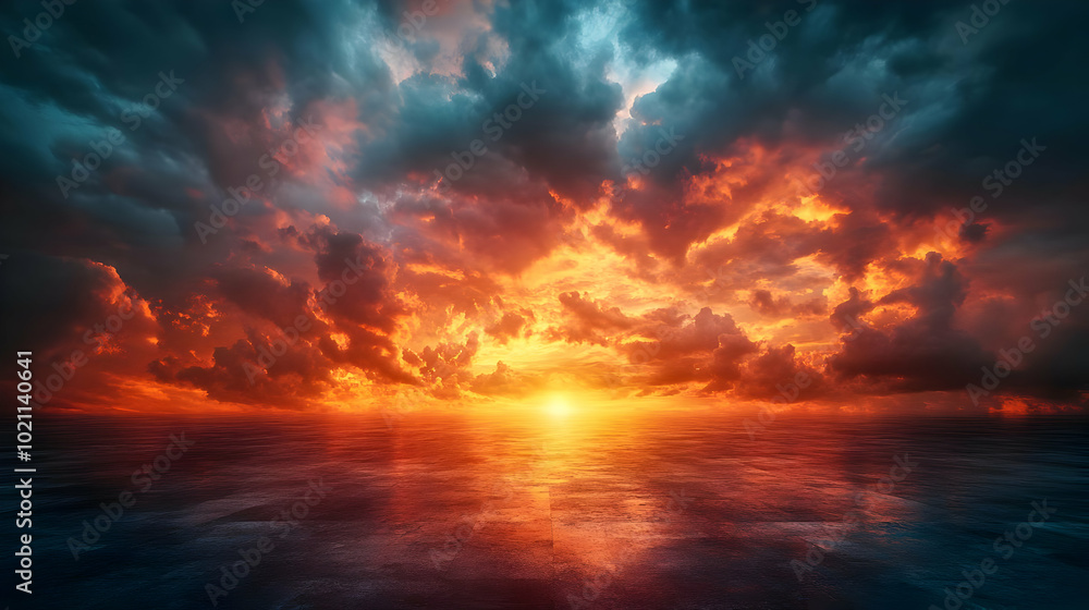 Fototapeta premium Fiery Sunset Over Water Abstract Background