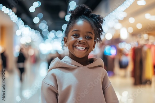 A young black girl happily shopping at a mall during the Black Friday carnival. The girl was dressed in a  sweatshirt and jeans, as if he had just found a lot of good things from the discount section. photo