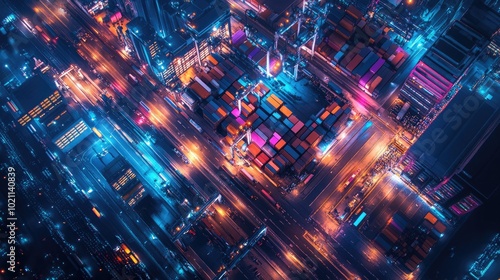 Nighttime aerial shot of a container port with vibrant lights, maritime operations 