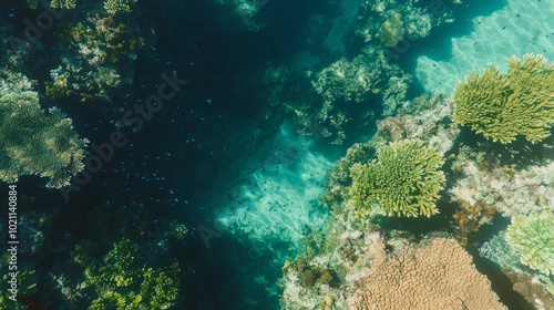 Aerial View of Vibrant Coral Reef in Unseen Thailand with Graceful Fish Swimming - Detailed Photography