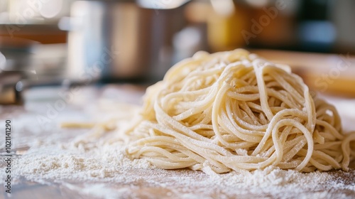 Raw Ramen Noodles on Wooden Surface photo