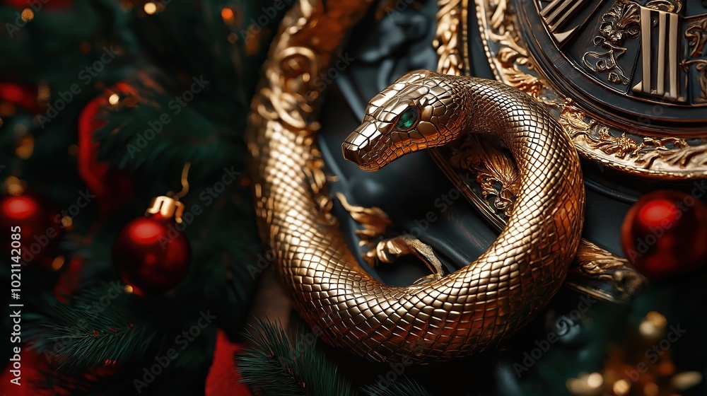 Golden snake ornament with emerald eyes is hanging on a christmas tree Golden snake ornament with emerald eyes is hanging on a christmas tree
