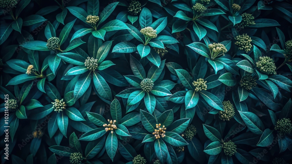 A lush tapestry of deep green leaves and delicate buds, creating a vibrant and textured botanical background A lush tapestry of deep green leaves and delicate buds, creating a vibrant and textured botanical background