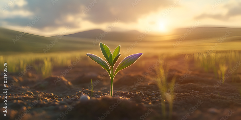 Young Plant Sprouting at Sunrise in Open Field Young Plant Sprouting at Sunrise in Open Field