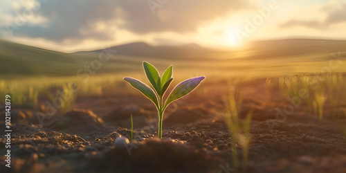 Young Plant Sprouting at Sunrise in Open Field