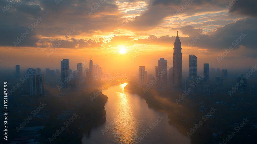 Fototapeta premium 城市黄昏时分,夕阳洒在高楼大厦之间,云层变幻,美丽的城市风景