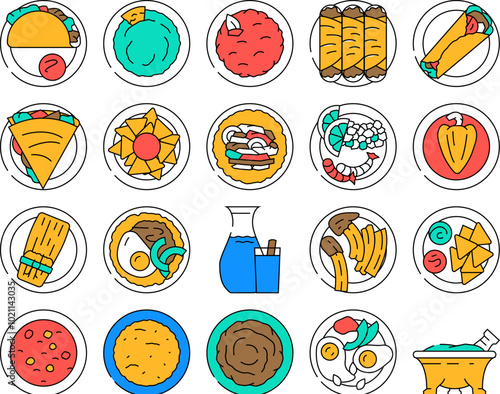 mexican cuisine dinner food icons set vector. table chili, salsa meal, lunch tortilla, pepper mexico, tomato, vegetable restaurant mexican cuisine dinner food color Contour Illustrations