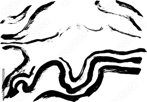 Black Ink Brush Wave Curved Strokes Texture.