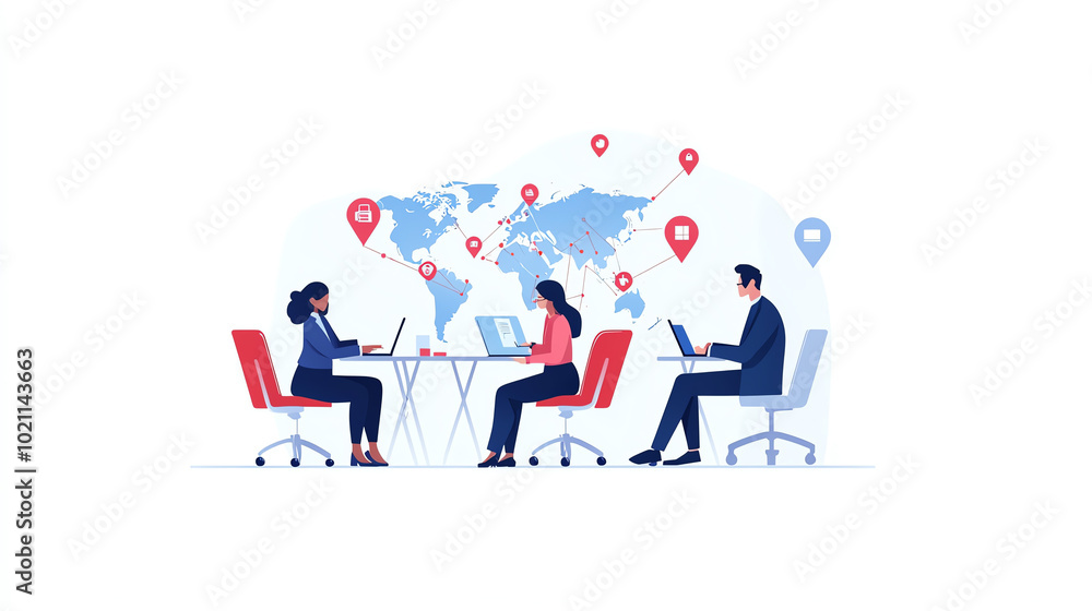 Collaborative workspace with diverse people working on laptops and a global map in the background, symbolizing remote teamwork and communication. Collaborative workspace with diverse people working on laptops and a global map in the background, symbolizing remote teamwork and communication.