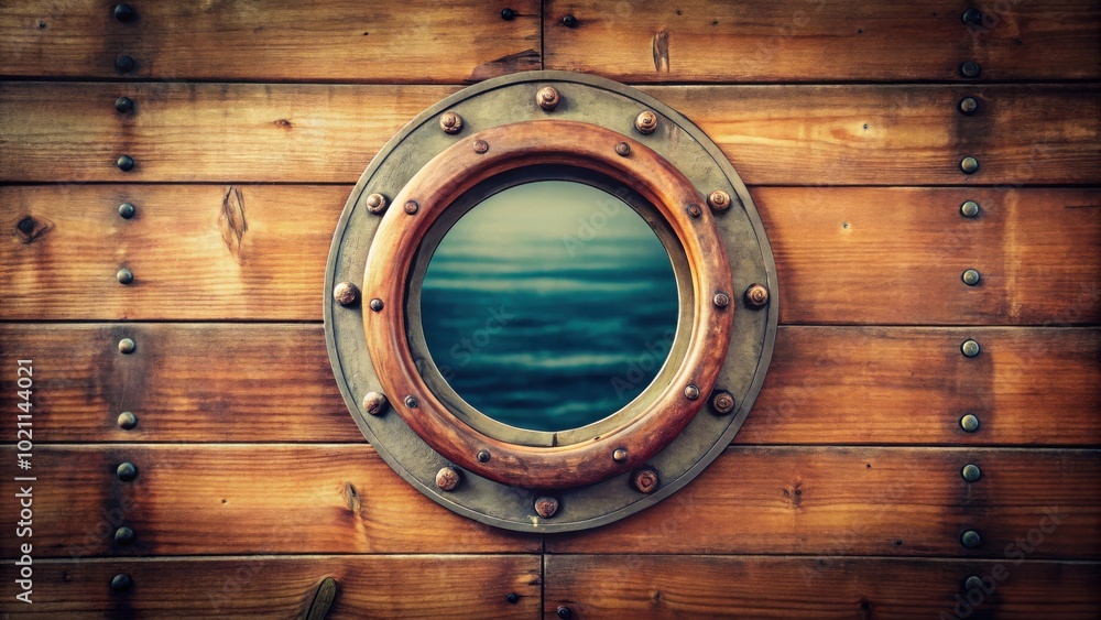 A weathered wooden wall with a round porthole revealing a glimpse of the blue water beyond A weathered wooden wall with a round porthole revealing a glimpse of the blue water beyond