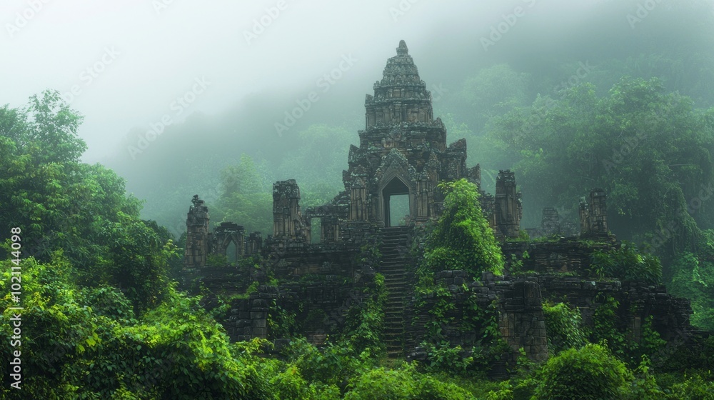 Mystical Ancient Ruins in Thailand: Enigmatic Jungle View with Misty Atmosphere and Intricate Details Mystical Ancient Ruins in Thailand: Enigmatic Jungle View with Misty Atmosphere and Intricate Details